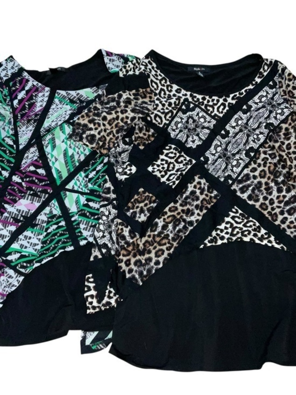 Style & Co Mixed Print Long Sleeve Top - Black with Leopard and Green Accents
